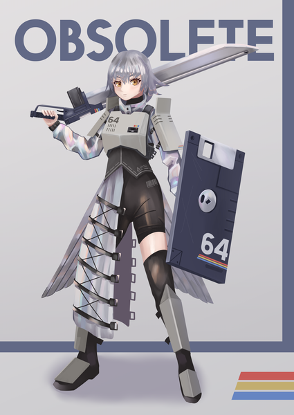 Anime picture 2952x4171 with original klotti single tall image looking at viewer fringe highres short hair hair between eyes standing holding brown eyes full body long sleeves grey hair text english gunblade girl weapon