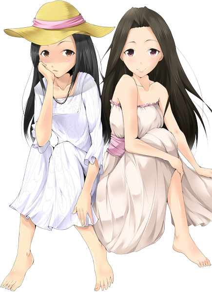 Anime picture 1432x1972 with solru (tyappygain) long hair tall image looking at viewer black hair multiple girls brown eyes pink eyes barefoot legs transparent background girl dress 2 girls hat