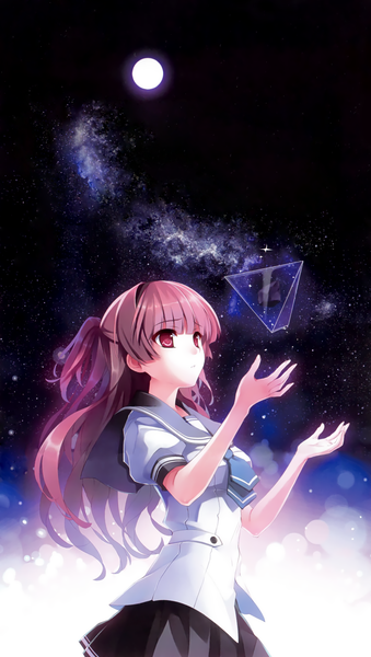Anime picture 1600x2830 with alice x academy saionji arisu misaki kurehito single long hair tall image fringe red eyes standing twintails looking away pink hair pleated skirt night official art night sky outstretched arm short twintails looking up milky way