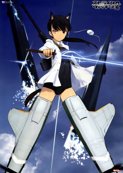 Anime picture 3640x5115 with strike witches sakamoto mio single long hair tall image looking at viewer highres light erotic black hair animal ears absurdres sky cloud (clouds) ponytail tail animal tail cat ears official art cat tail grey eyes