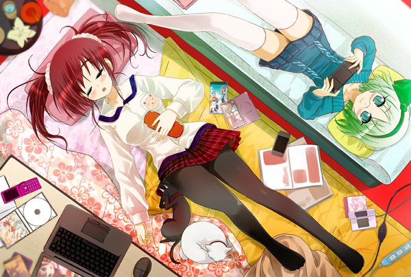 Anime picture 1165x787 with original twintails multiple girls green eyes red hair eyes closed green hair short twintails sleeping girl thighhighs skirt 2 girls miniskirt animal pantyhose cat phone laptop psp