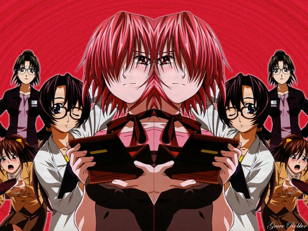 Anime picture 1024x768 with elfen lied arms corporation lucy long hair blush short hair open mouth black hair red eyes brown hair purple eyes multiple girls ponytail red hair black eyes symmetry girl glasses 4 girls