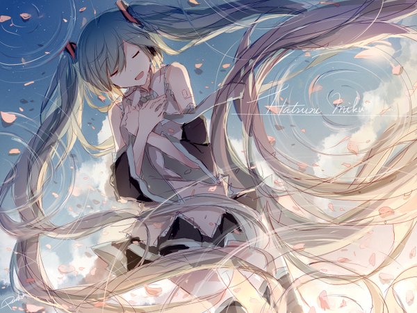 Anime picture 1600x1200 with vocaloid hatsune miku peneko single twintails blue hair eyes closed very long hair pleated skirt wide sleeves legs character names tears text crossed arms singing girl skirt detached sleeves miniskirt