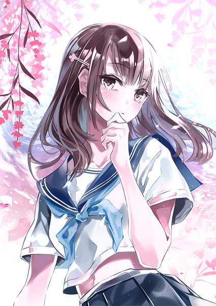 Anime picture 637x900 with original yasuno (airy light) single long hair tall image looking at viewer blush brown hair standing brown eyes upper body outdoors head tilt pleated skirt arm up wind short sleeves midriff hand to mouth girl