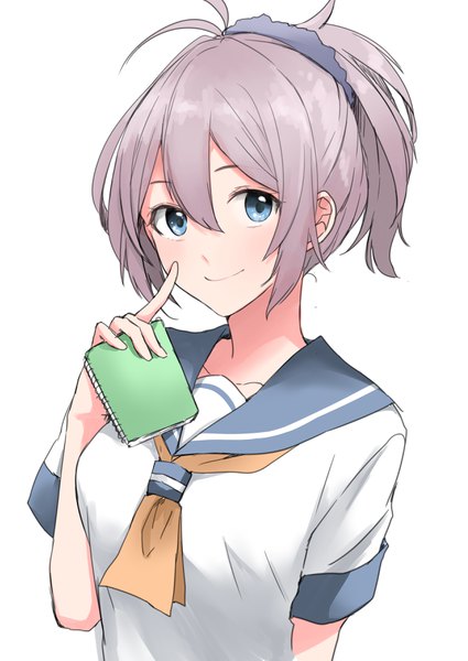 Anime picture 2508x3541 with kantai collection aoba heavy cruiser morinaga (harumori) single tall image looking at viewer fringe highres short hair blue eyes simple background smile hair between eyes white background payot upper body ahoge ponytail grey hair girl