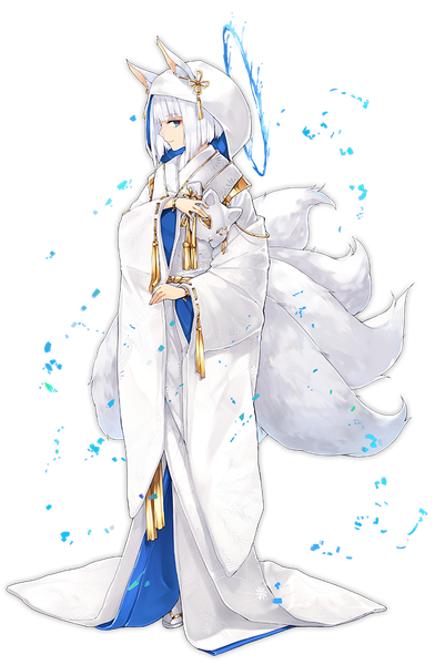 Anime picture 671x1026 with azur lane kaga (azur lane) kaga (sacred bush lily) (azur lane) hao (patinnko) single tall image looking at viewer short hair blue eyes standing animal ears full body white hair tail traditional clothes japanese clothes animal tail profile official art fox ears