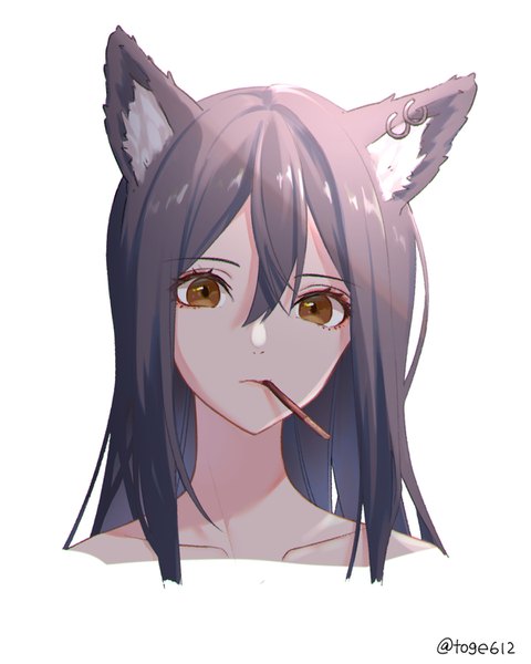 Anime picture 1200x1500 with arknights texas (arknights) amopui single long hair tall image fringe black hair simple background hair between eyes white background brown eyes signed animal ears twitter username face food in mouth girl food sweets