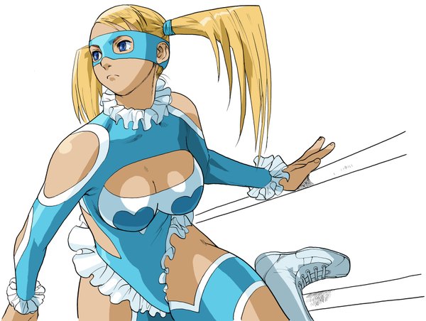 Anime picture 1800x1356 with street fighter rainbow mika single long hair highres blue eyes light erotic blonde hair white background twintails girl boots mask