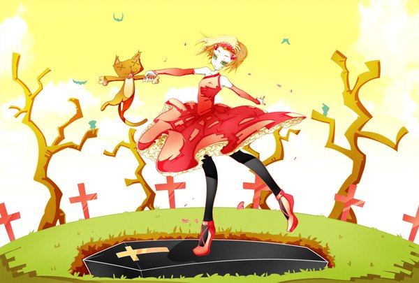 Anime picture 1748x1181 with lenore the cute little dead girl lenore kitty (lenore) highres short hair blue eyes blonde hair green eyes sky cloud (clouds) nail polish light smile holding hands silhouette dancing ballet girl dress plant (plants) detached sleeves