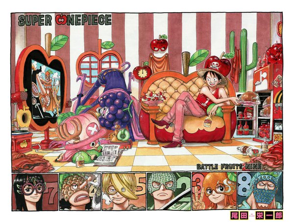 Anime picture 1981x1500 with one piece toei animation nami (one piece) monkey d. luffy nico robin roronoa zoro sanji tony tony chopper usopp franky brook (one piece) oda eiichirou long hair looking at viewer fringe highres short hair open mouth black hair blonde hair