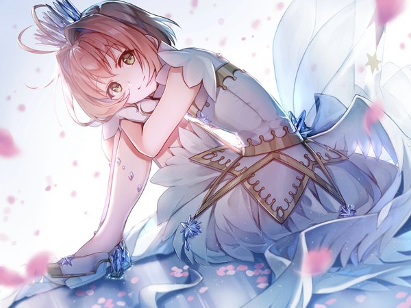 Anime picture 3000x2250 with card captor sakura clamp kinomoto sakura akami fumio single blush fringe highres short hair simple background hair between eyes brown hair sitting green eyes full body ahoge head tilt light smile high heels angel wings