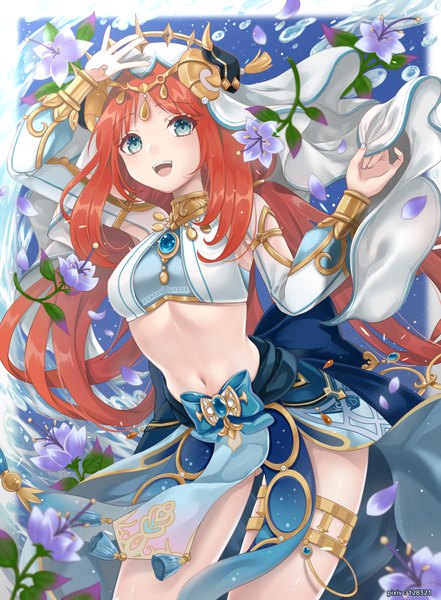 Anime picture 1238x1683 with genshin impact nilou (genshin impact) atelieralice18 single long hair tall image looking at viewer fringe breasts open mouth light erotic smile red hair blunt bangs long sleeves :d multicolored hair horn (horns) aqua eyes arms up