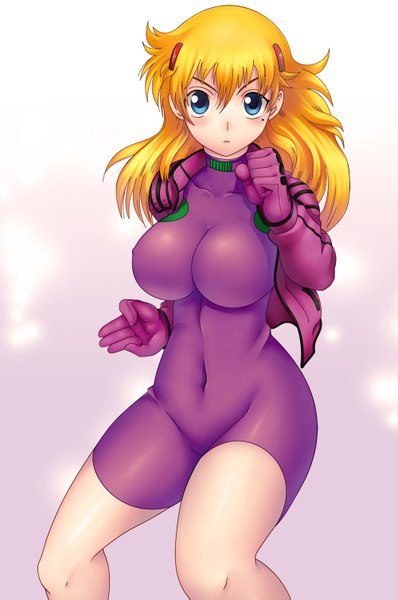 Anime picture 2000x3013 with history's strongest disciple kenichi fuurinji miu lchrno single long hair tall image looking at viewer blush highres breasts blue eyes light erotic blonde hair open clothes mole open jacket mole under eye fighting stance girl gloves