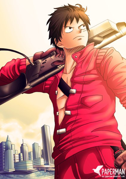 Anime picture 849x1201 with one piece akira toei animation monkey d. luffy lao-paperman single tall image fringe short hair black hair standing holding signed looking away sky cloud (clouds) outdoors black eyes open jacket city