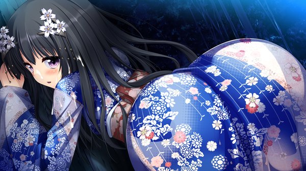 Anime picture 1280x720 with koiken otome minato shiho tateha (marvelous grace) single long hair blush light erotic black hair wide image purple eyes game cg traditional clothes japanese clothes hair flower girl hair ornament flower (flowers) kimono