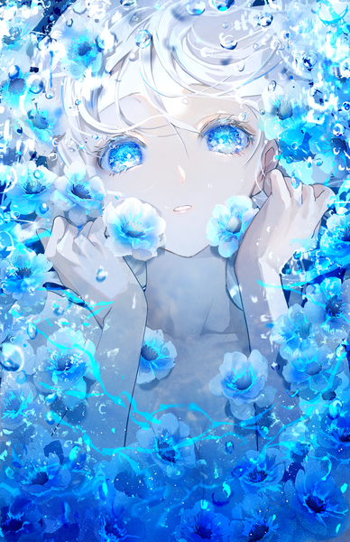 Anime picture 2200x3399 with original tlla (artist) single long hair tall image looking at viewer fringe highres breasts blue eyes hair between eyes upper body white hair parted lips blurry pale skin girl flower (flowers) water bubble (bubbles)