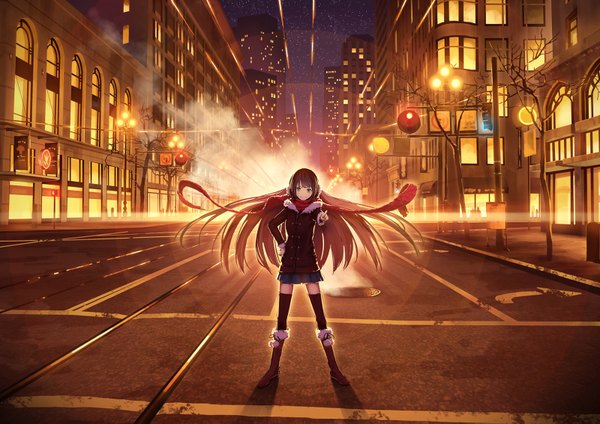 Anime picture 1600x1133 with original kami (yoshipt0716) single long hair black hair black eyes city pointing girl thighhighs skirt black thighhighs jacket boots headphones scarf building (buildings) road