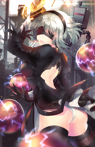Anime picture 1618x2500 with nier nier:automata yorha no. 2 type b pod (nier:automata) squchan single tall image short hair light erotic standing silver hair ass looking back lips sunlight blurry mole depth of field puffy sleeves magic