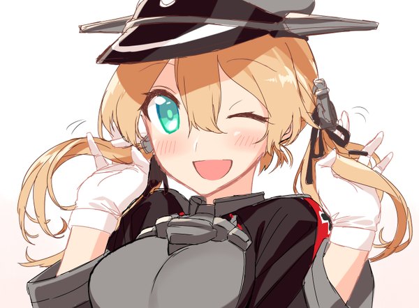 Anime picture 1465x1080 with kantai collection prinz eugen (kantai collection) blew andwhite single long hair looking at viewer blush open mouth simple background blonde hair hair between eyes white background twintails green eyes one eye closed wink portrait girl gloves white gloves