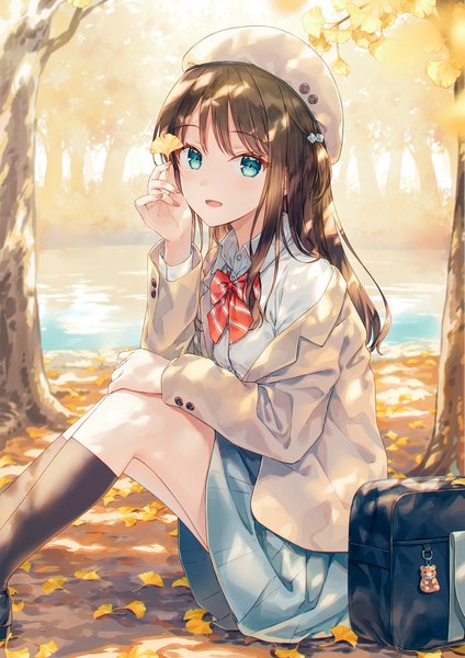 Anime picture 849x1200 with original hiten (hitenkei) single long hair tall image looking at viewer fringe open mouth blue eyes black hair sitting holding outdoors fingernails off shoulder hand on knee autumn lake girl skirt