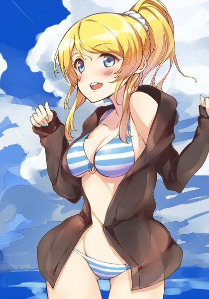 Anime picture 924x1321 with love live! school idol project sunrise (studio) love live! ayase eli ytk (yutta-p) single long hair tall image blush fringe breasts open mouth blue eyes light erotic blonde hair large breasts looking away sky cleavage cloud (clouds)