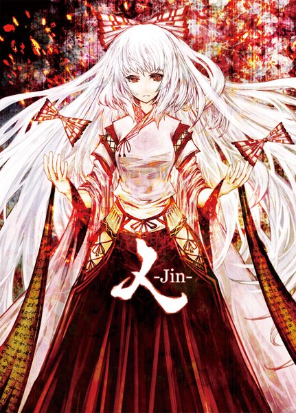 Anime picture 1100x1529 with touhou fujiwara no mokou akasia single long hair tall image looking at viewer red eyes white hair japanese clothes girl bow hair bow