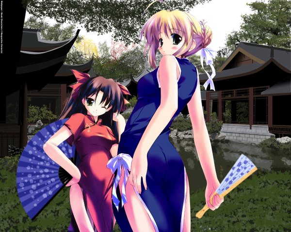 Anime picture 1280x1024 with fate (series) fate/stay night studio deen type-moon artoria pendragon (all) saber toosaka rin chinese clothes soft beauty chinese dress