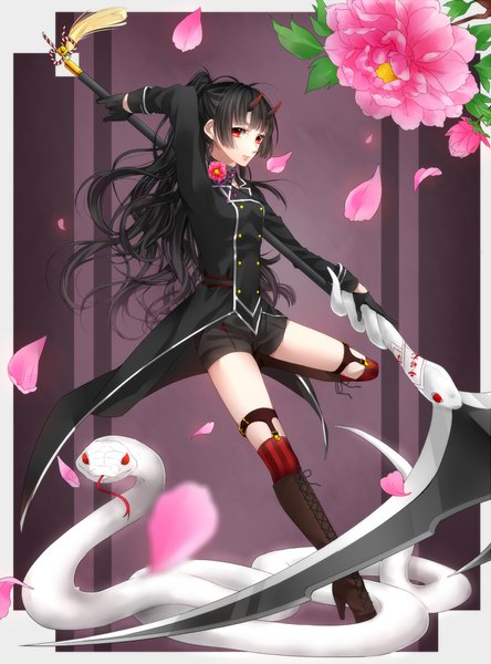 Anime picture 1332x1800 with original huyuno single long hair tall image looking at viewer fringe simple background red eyes standing holding payot full body ponytail blunt bangs horn (horns) high heels standing on one leg oni horns girl
