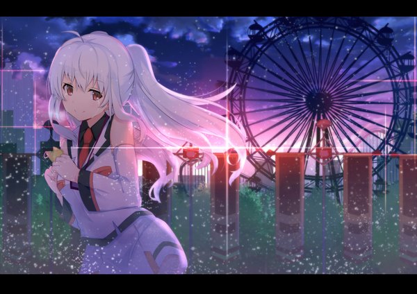 Anime picture 1500x1061 with plastic memories isla (plastic memories) kogareji ni single long hair fringe smile red eyes standing twintails holding sky cloud (clouds) ahoge white hair long sleeves wind sunlight evening girl