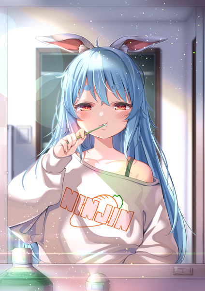Anime picture 2208x3124 with virtual youtuber hololive usada pekora joniwi single long hair tall image looking at viewer blush fringe highres hair between eyes red eyes animal ears blue hair upper body indoors off shoulder bunny ears text