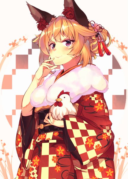 Anime picture 1204x1680 with original mikususannda single tall image fringe short hair blonde hair smile purple eyes animal ears payot long sleeves traditional clothes japanese clothes hair flower wide sleeves fur trim fox ears floral print new year