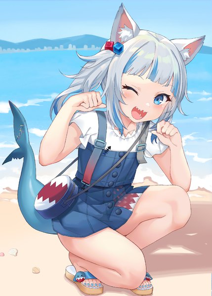 Anime picture 1066x1491 with virtual youtuber hololive hololive english gawr gura gawr gura (2nd costume) xuan chu single long hair tall image looking at viewer blush open mouth blue eyes silver hair tail nail polish one eye closed multicolored hair wink bare legs