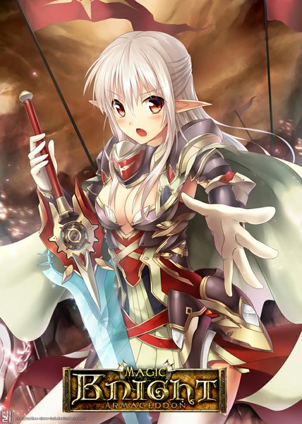 Anime picture 700x980 with magic knight armageddon luzi (coffee-straw-luzi) single long hair tall image blush open mouth sky cloud (clouds) white hair pointy ears inscription orange eyes girl gloves weapon elbow gloves white gloves armor huge weapon