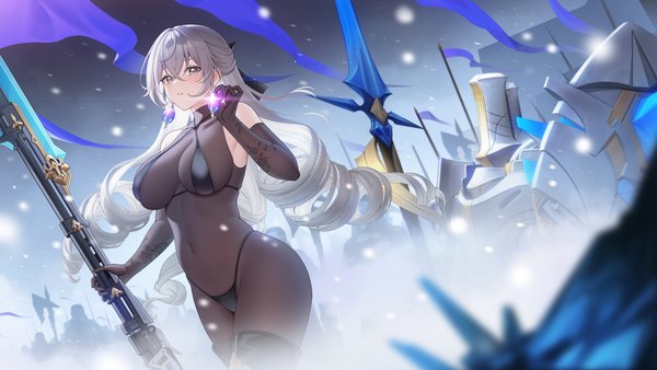 Anime picture 4096x2304 with honkai: star rail honkai (series) bronya rand fukuro ko (greentea) long hair looking at viewer blush fringe highres breasts light erotic hair between eyes wide image large breasts standing bare shoulders holding signed absurdres parted lips
