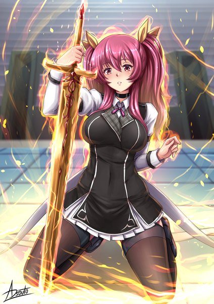 Anime picture 1240x1754 with rakudai kishi no cavalry stella vermillion adsouto single long hair tall image looking at viewer blush fringe breasts smile hair between eyes large breasts twintails holding signed payot pink hair full body bent knee (knees)
