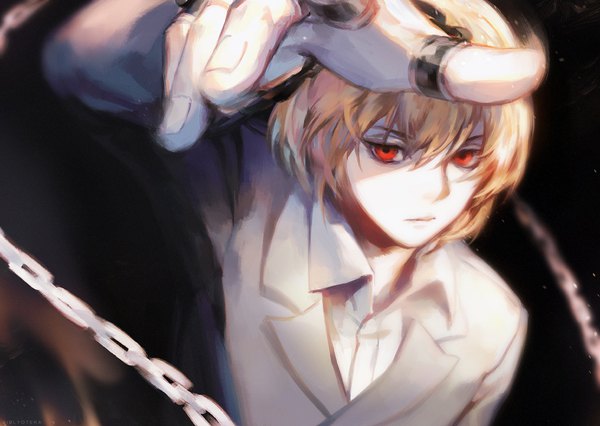 Anime picture 900x639 with hunter x hunter kurapica lucia (biblyoteka) single looking at viewer fringe short hair blonde hair hair between eyes red eyes arm up fingernails shaded face open collar boy chain