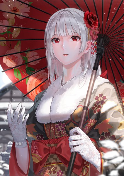 Anime picture 917x1300 with original kfr single long hair tall image looking at viewer blush fringe red eyes standing holding silver hair upper body outdoors blunt bangs long sleeves traditional clothes japanese clothes hair flower wide sleeves