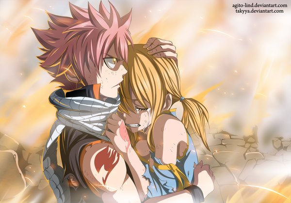 Anime picture 1500x1049 with fairy tail lucy heartfilia natsu dragneel aagito long hair short hair blonde hair red eyes pink hair ponytail eyes closed profile tattoo sleeveless hug tears torn clothes coloring glowing smoke