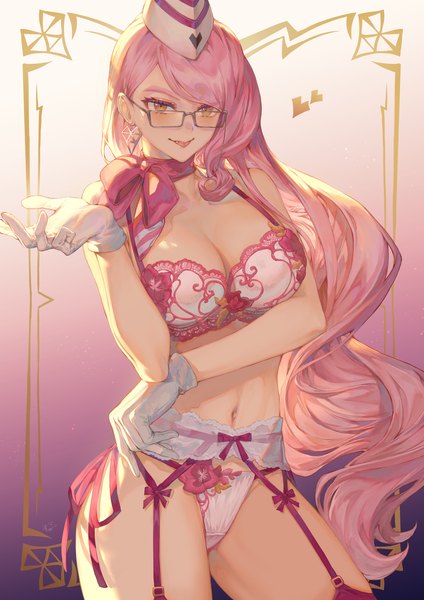 Anime picture 1592x2251 with fate (series) fate/grand order tamamo (fate) (all) koyanskaya mashuu (neko no oyashiro) single long hair tall image looking at viewer fringe breasts light erotic simple background large breasts standing yellow eyes pink hair cleavage underwear only gradient background
