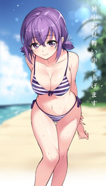 Anime picture 868x1526 with original senri gan single tall image looking at viewer blush fringe short hair breasts light erotic smile large breasts standing purple eyes twintails bare shoulders sky purple hair cloud (clouds) sunlight