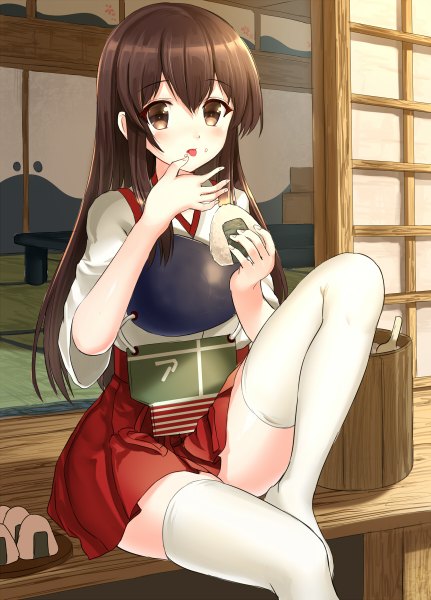Anime picture 862x1200 with kantai collection akagi aircraft carrier arudehido single long hair tall image looking at viewer blush brown hair sitting brown eyes zettai ryouiki food on face rice on face girl thighhighs skirt miniskirt white thighhighs food