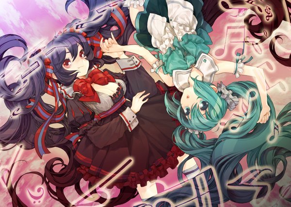 Anime picture 1500x1067 with vocaloid hatsune miku zatsune miku sereneandsilent long hair breasts light erotic smile red eyes multiple girls cleavage purple hair very long hair aqua eyes aqua hair teeth fang (fangs) holding hands music girl