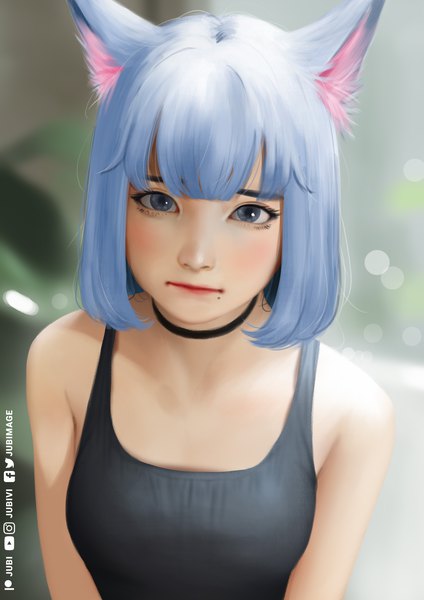 Anime picture 2480x3508 with original lizha (jubi) jubi (regiana) single tall image looking at viewer fringe highres short hair breasts blue eyes bare shoulders signed animal ears blue hair blurry cat ears mole lipstick red lipstick