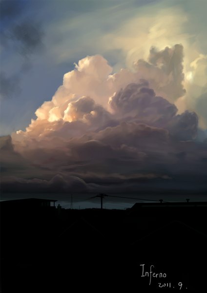 Anime picture 1240x1754 with original inferno (pixiv) tall image signed sky cloud (clouds) landscape power lines