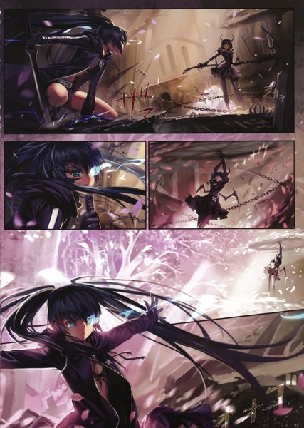 Anime picture 2497x3506 with black rock shooter black rock shooter (character) dead master alphonse (white datura) long hair tall image fringe highres standing twintails multiple girls holding horn (horns) aqua eyes cherry blossoms glowing drill hair topless glowing eye (eyes) fighting stance