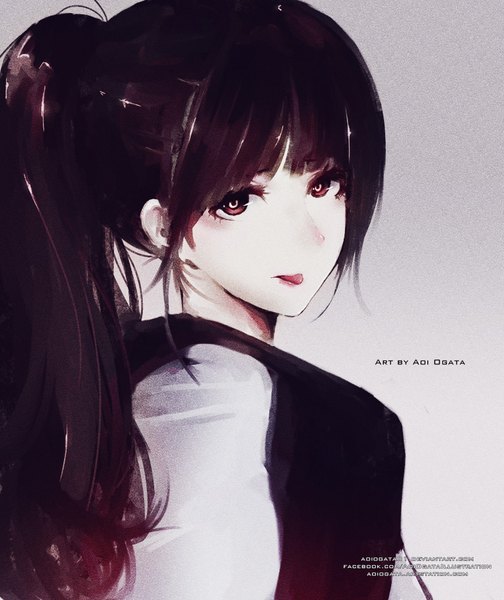 Anime picture 1680x2000 with original aoi ogata long hair tall image looking at viewer blush fringe black hair simple background red eyes brown hair signed looking away upper body ponytail blunt bangs looking back grey background girl tongue