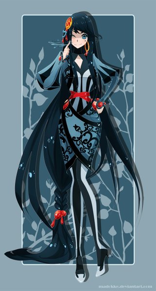 Anime picture 766x1431 with original nebeskaa single long hair tall image blue eyes smile standing blue hair very long hair one eye closed wink hand on hip finger to mouth striped face paint girl dress hair ornament earrings