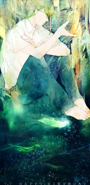 Anime picture 1003x2052 with kuroko no basket production i.g midorima shintarou li-e (pixiv) single tall image short hair sitting green eyes profile barefoot green hair happy birthday tanabata boy glasses bandage (bandages)