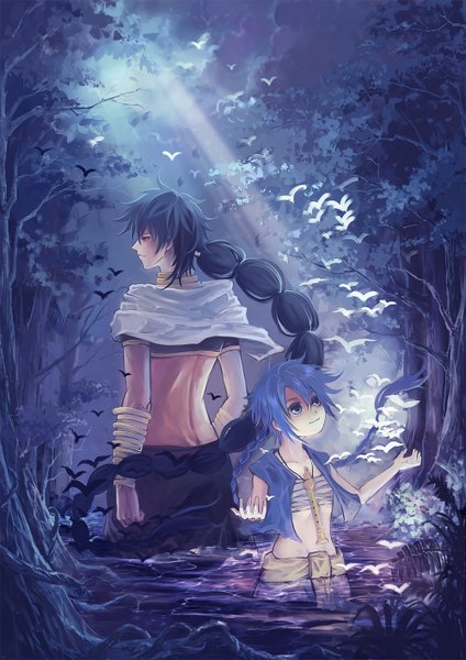 Anime picture 1000x1414 with magi the labyrinth of magic a-1 pictures judal aladdin (magi) qinshou long hair tall image blue eyes black hair red eyes standing blue hair looking away very long hair profile light smile from behind sunlight multiple boys midriff