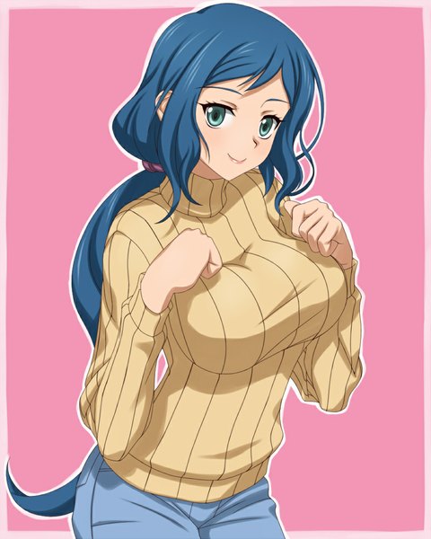 Anime picture 800x1000 with mobile suit gundam gundam build fighters sunrise (studio) iori rinko hammerman benkei hobenkei single long hair tall image looking at viewer blush breasts blue eyes smile large breasts blue hair girl sweater